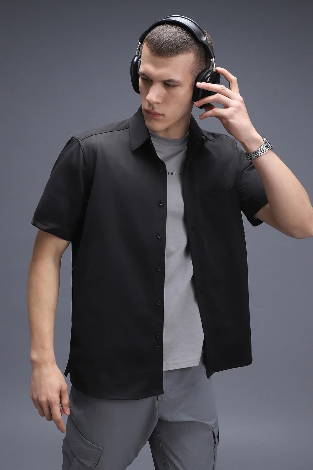 Men's Black Casual Slim Fit Polyester Half Sleeves Shirt