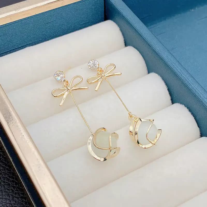 Women's and Girls Gold Plated Bow Knot Long Drop Earrings with White Flower Pearl Charm