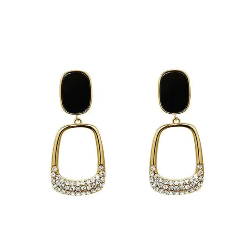 Women's Elegant Black Stone and Gold Geometric Drop Earrings