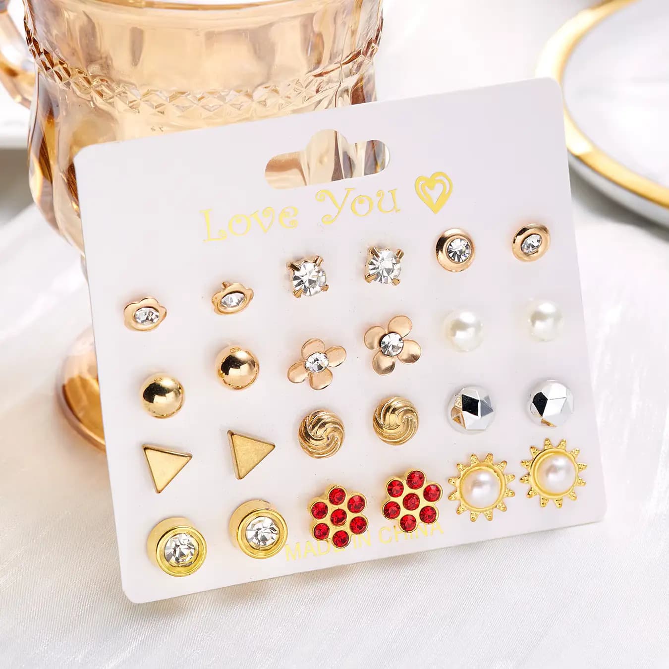 Women's 2026 New Alloy Combination Flower Heart Strawberry Diamond Paper Card Set Tiny Stud Earrings - 12 Pairs