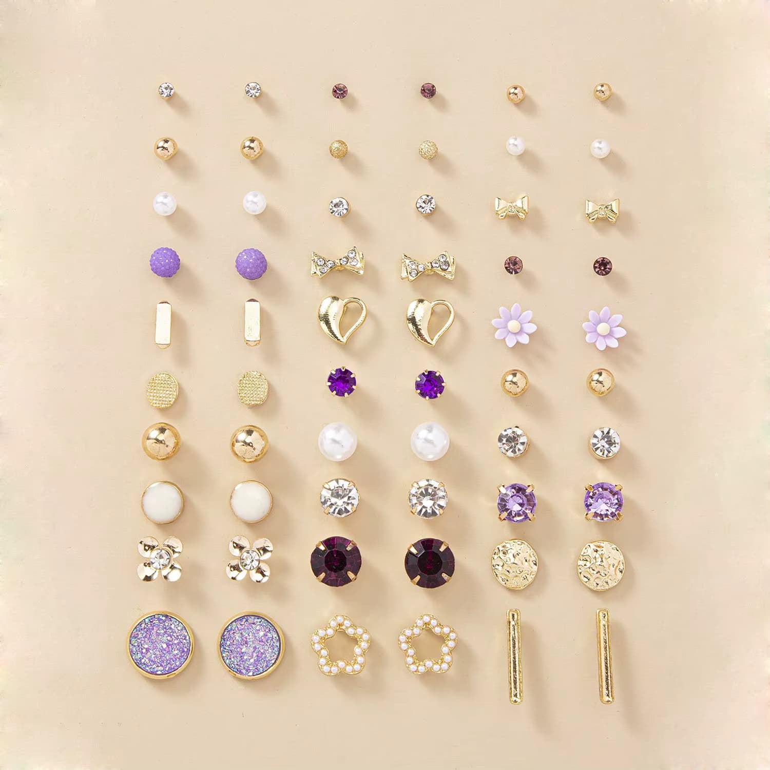 Women's Advanced All-Match Daily Earrings Purple Flower Pearl Geometric - 30 Pairs
