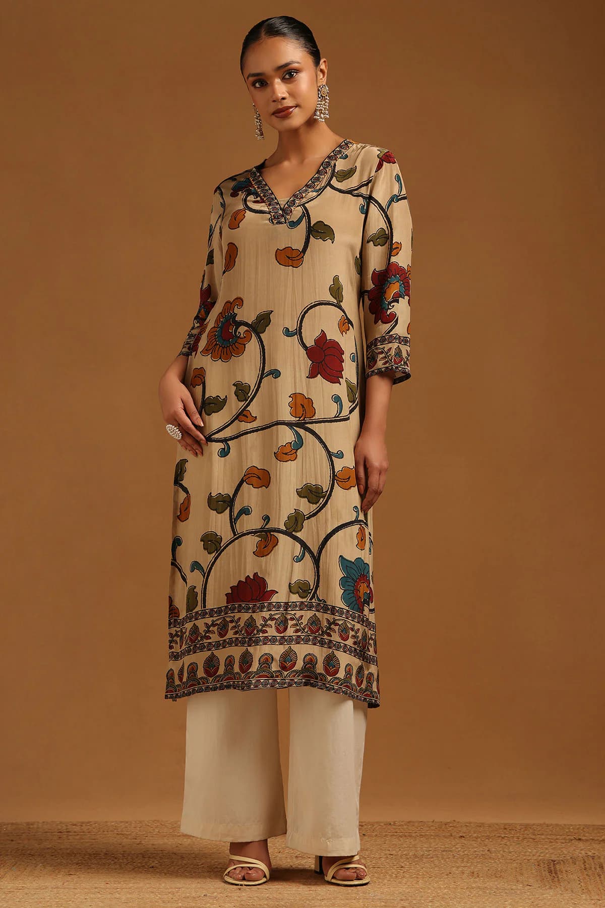 Women's Beige Casual Printed Ethnic Kurta