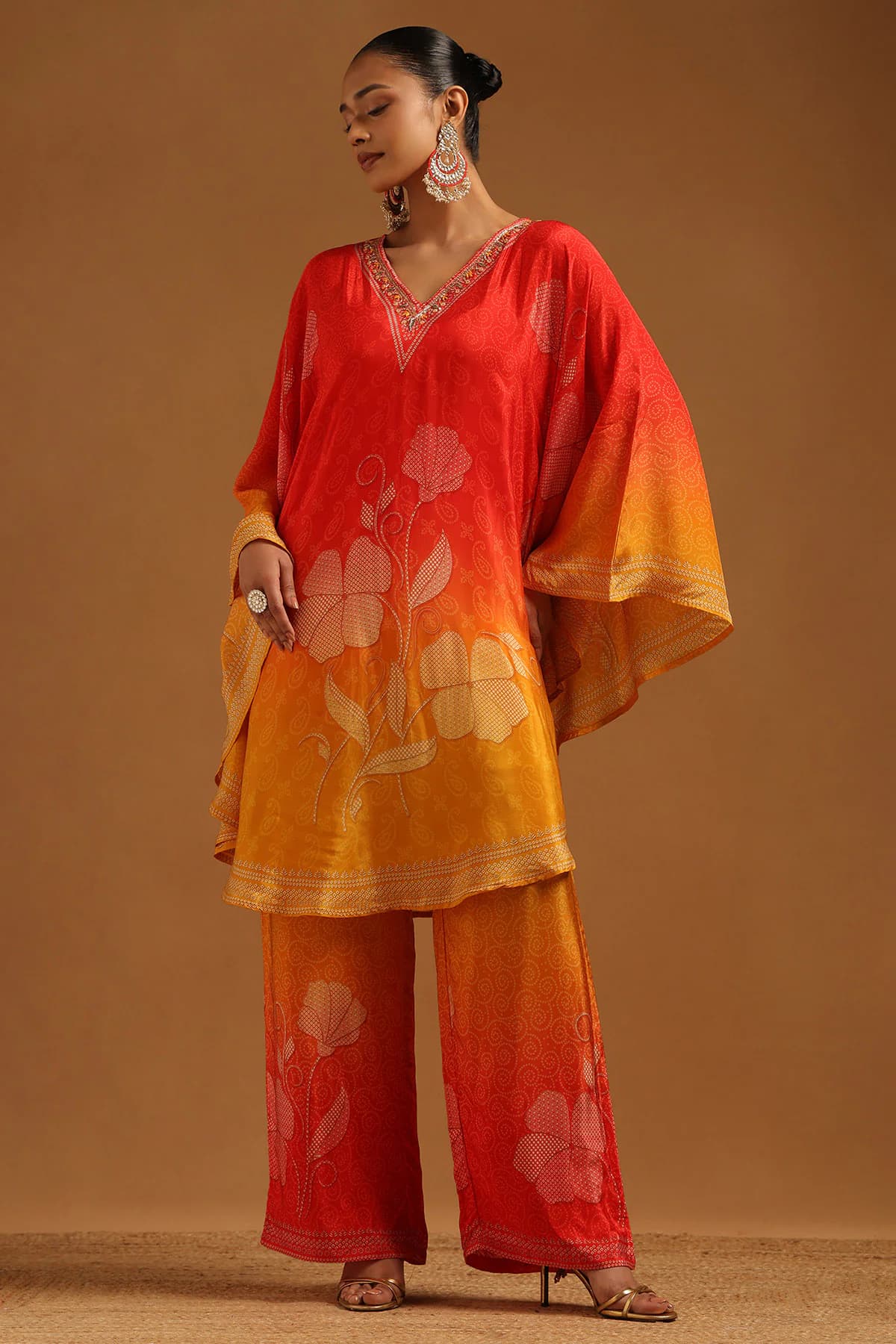 Women's Orange Casual Printed Ethnic Kurta Set