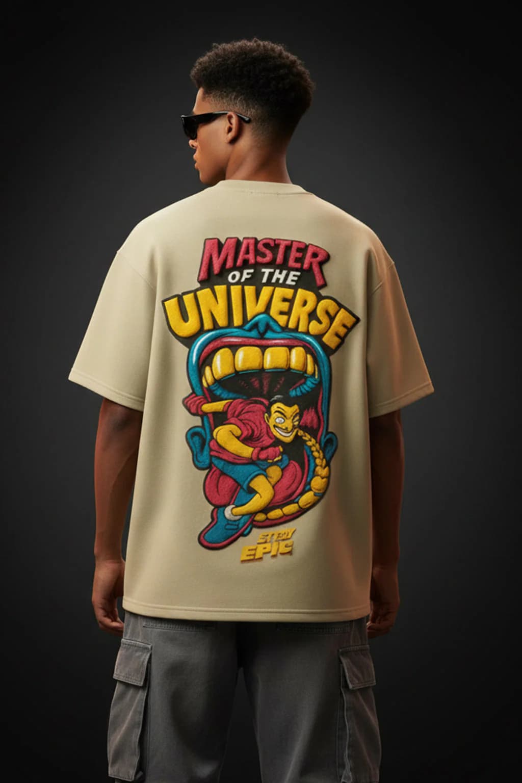 Men's Beige Master Of The Universe Swanwhite Oversized Puff Printed Exclusive Casual Half Sleeve Tshirt