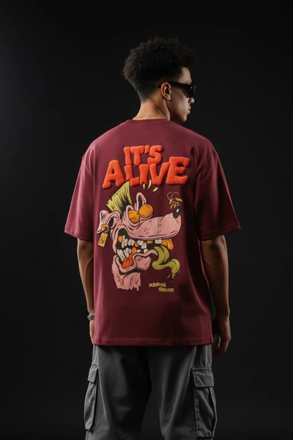 Men's It's Alive Maroon Oversized Puff Printed Exclusive Casual Half Sleeve Tshirt