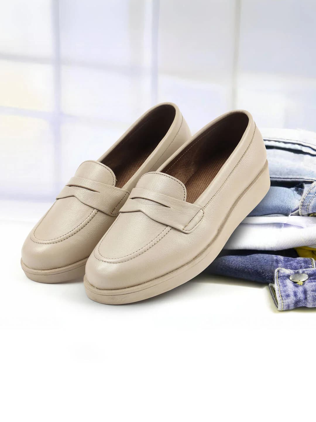 Women's Beige Casual Leather Loafers