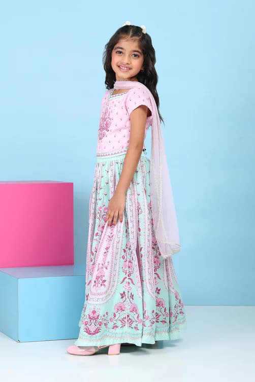 Girls Pink Cotton Ethnic Motif Printed Lehenga Set