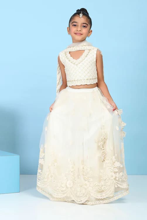 Girls White Butterfly Net Sequin Embroidered Lehenga Set
