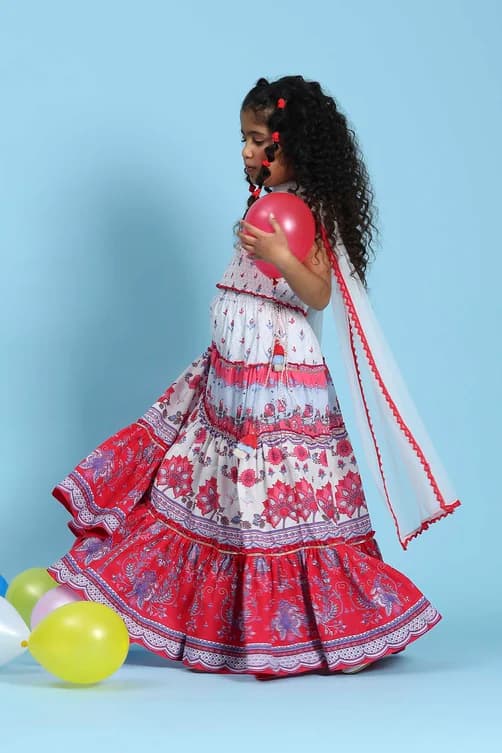 Girls White Cotton Printed Tiered Lehenga Set