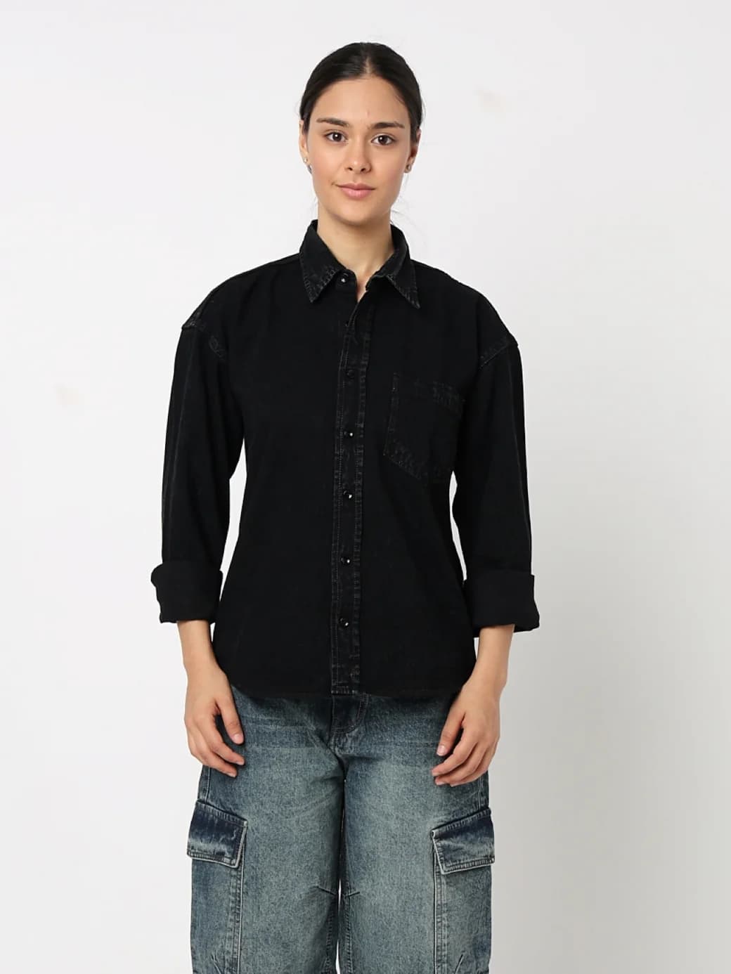 Unisex Black Casual Textured Spread Collar Oversized Fit Shirt