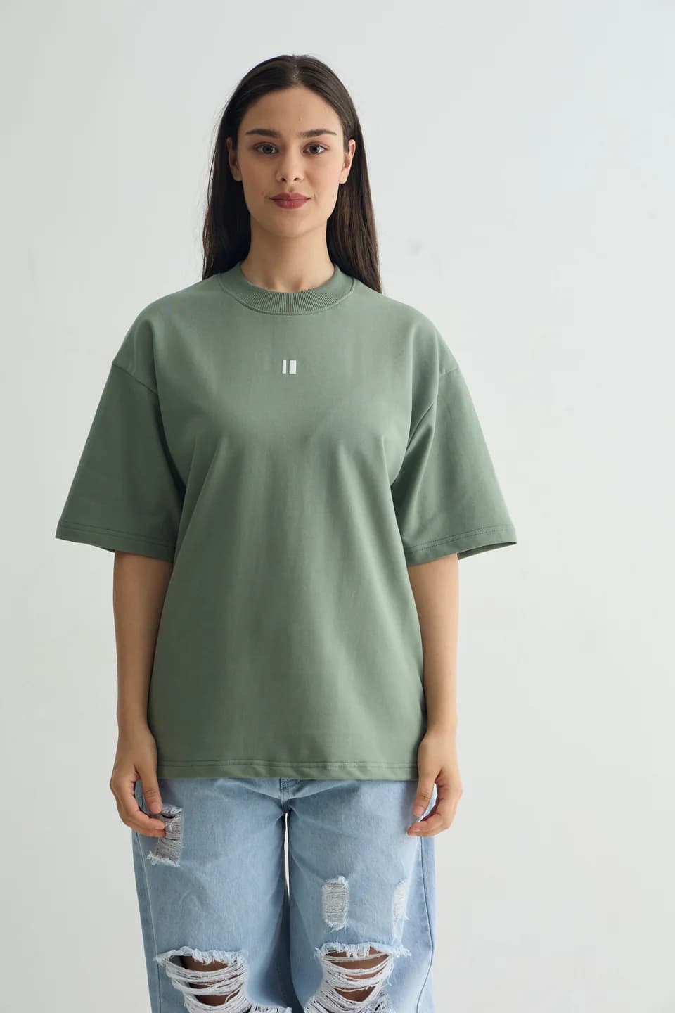 Unisex Green Casual Solid Round Neck Oversized Fit Tshirt