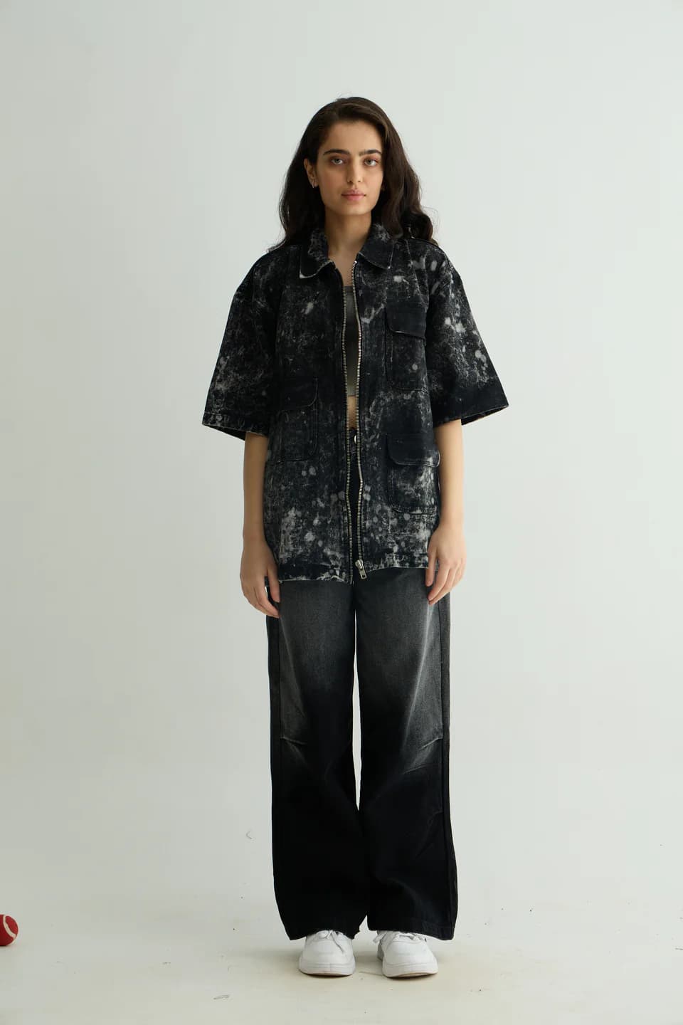 Unisex Black Casual Textured Spread Collar Oversized Fit Shirt
