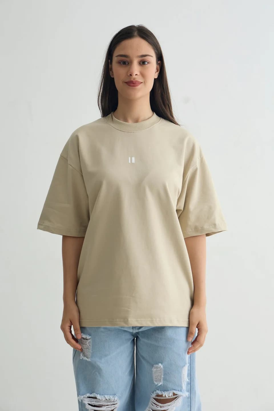 Unisex Beige Casual Solid Round Neck Oversized Fit Tshirt