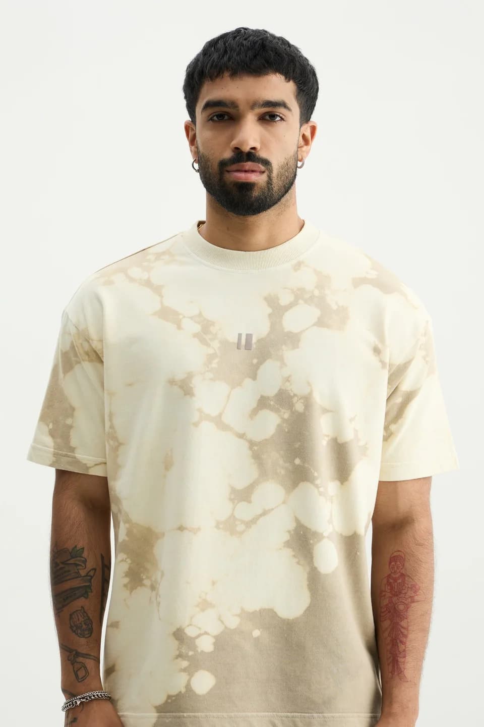 Unisex Beige Casual Self-Design Round Neck Oversized Fit Tshirt