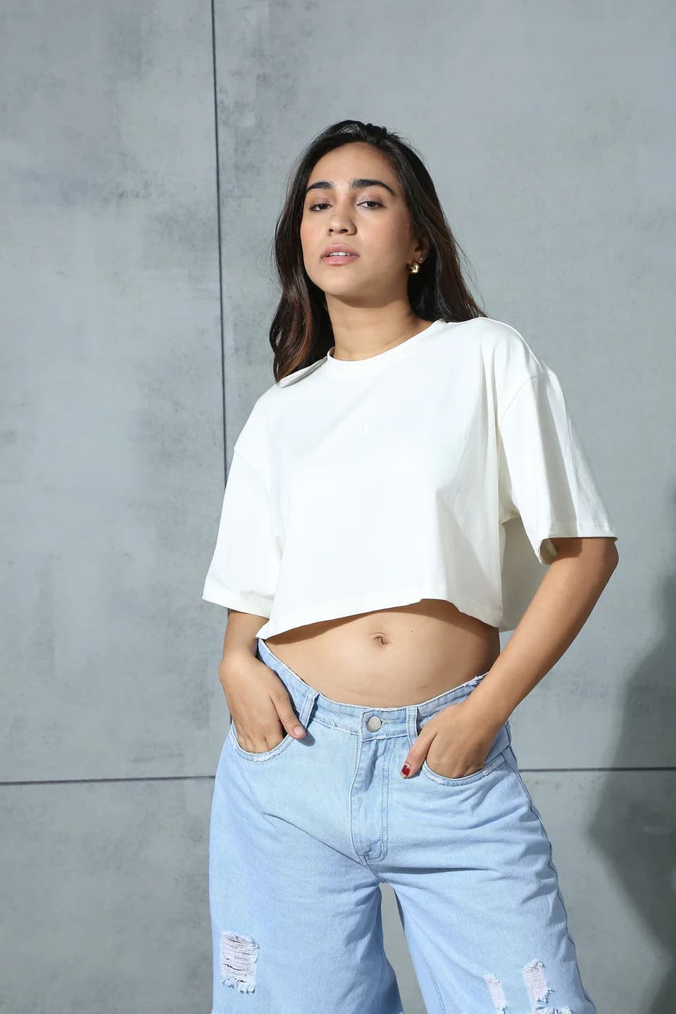 Women White Casual Solid Round Neck Oversized Fit Top