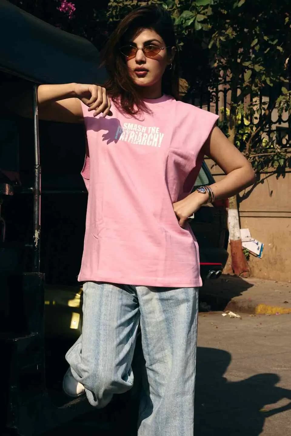 Unisex Pink Casual Printed Round Neck Oversized Fit Tank