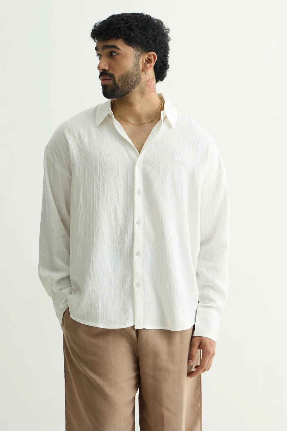 Unisex White Casual Striped Spread Collar Oversized Fit Shirt