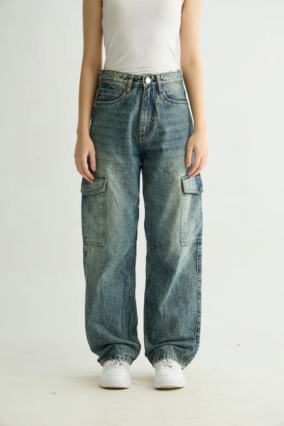Unisex Blue Casual Solid Faded Baggy Fit Jeans