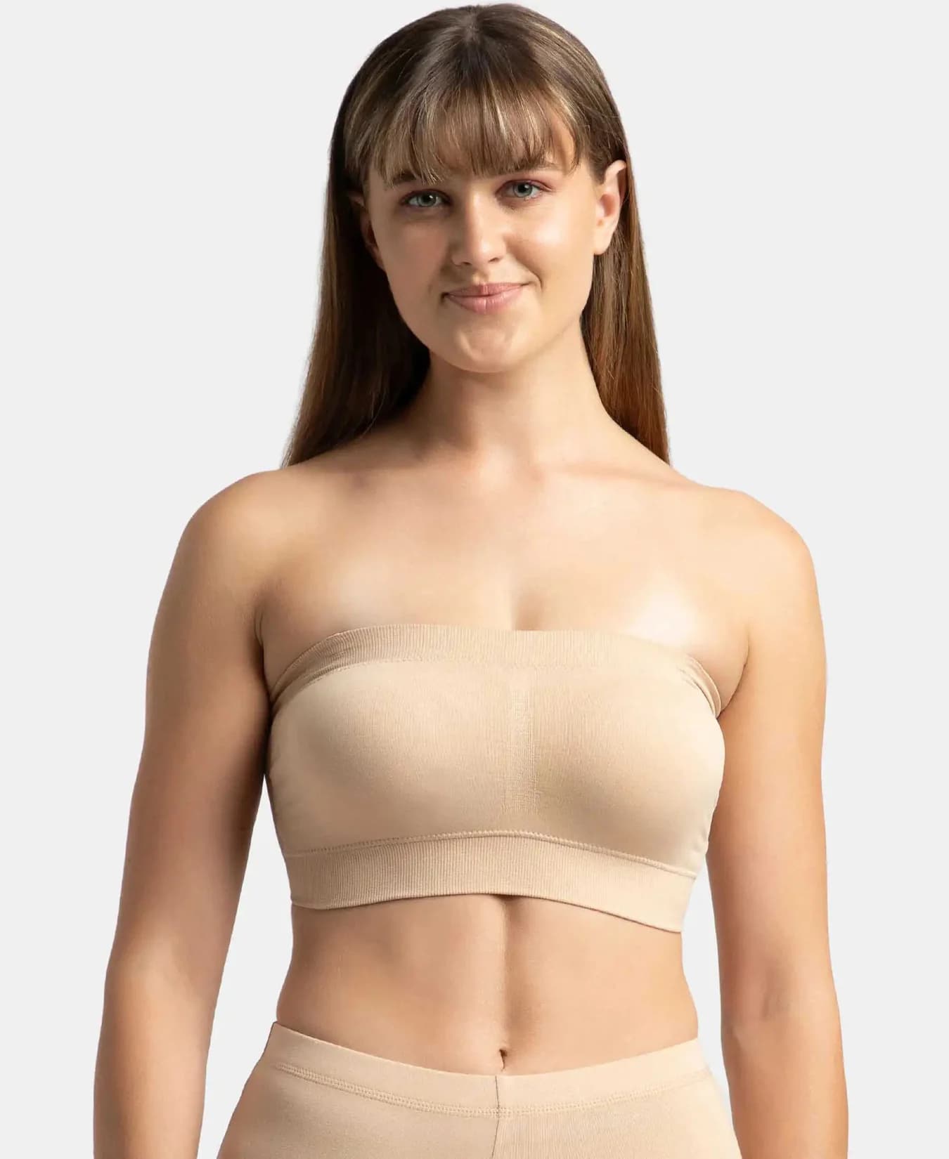 Women's Beige Wirefree Removable Pads and Detachable Transparent Straps Bandeau Bra
