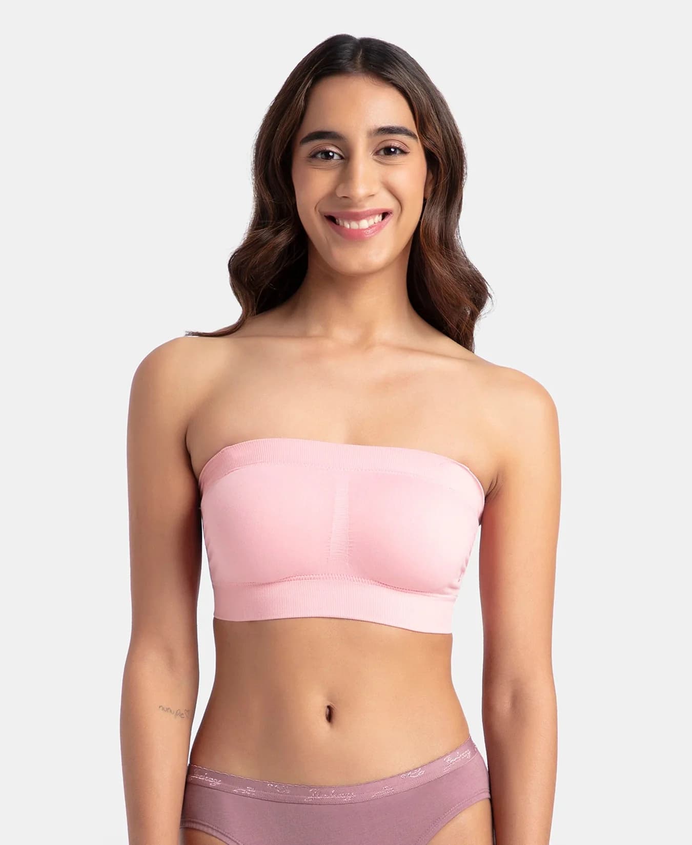 Women's Pink Wirefree Removable Pads and Detachable Transparent Straps Bandeau Bra