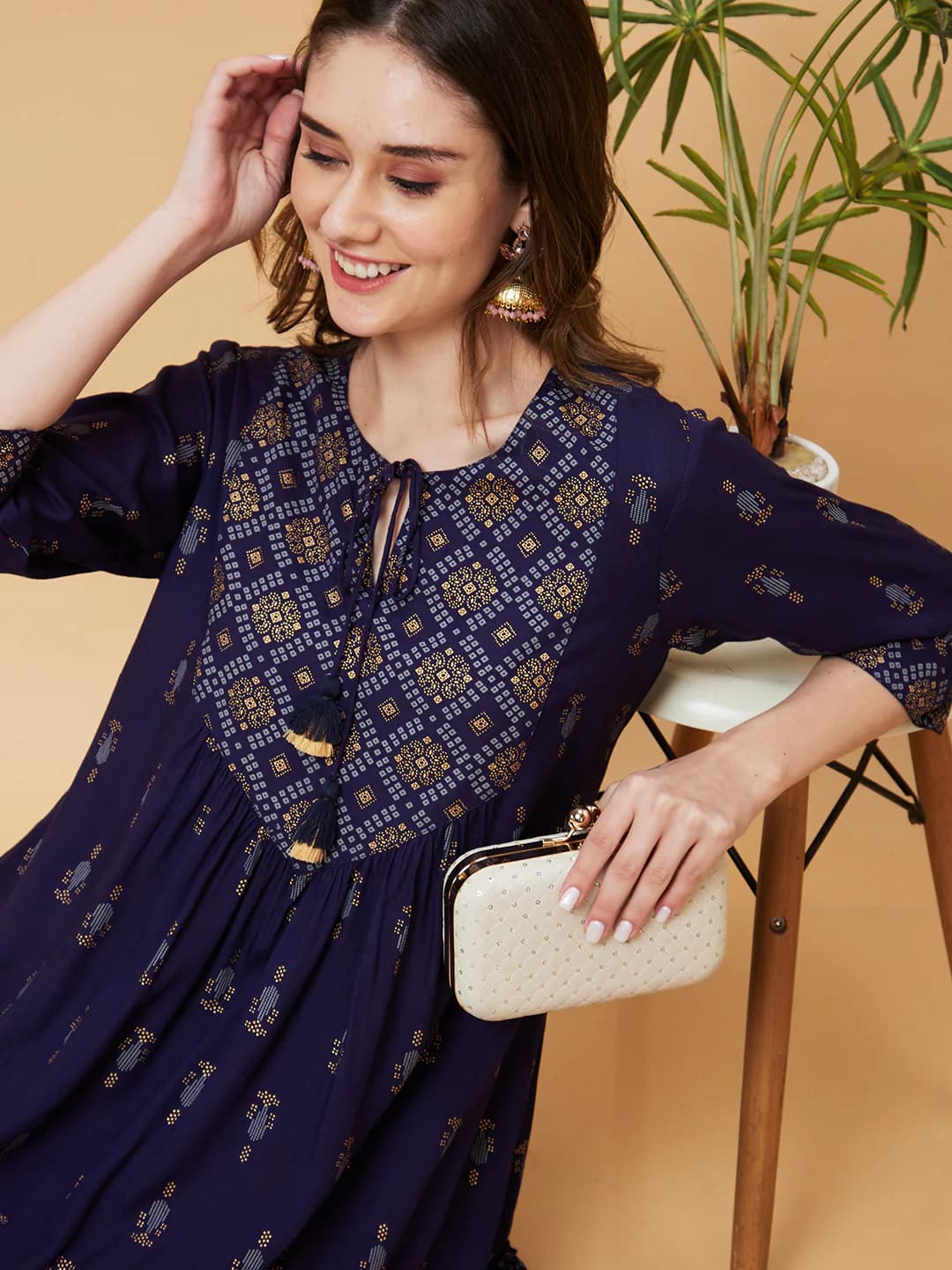Women's Blue Casual Printed Tie-Up Neck A-Line Dress