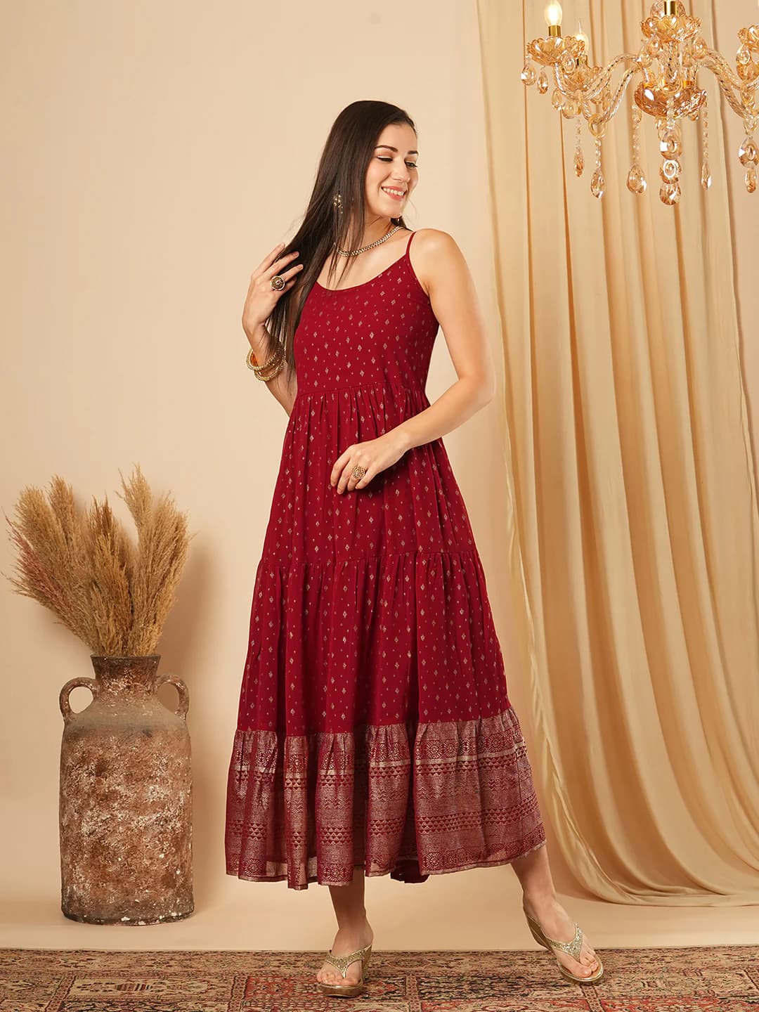 Women's Red Party Printed Shoulder Strap Fit & Flared Dress