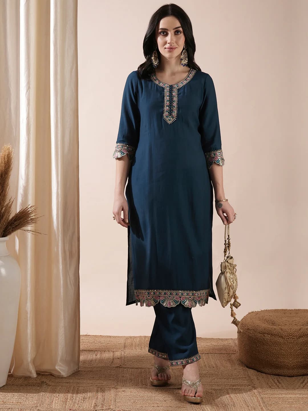 Women's Blue Party Sequins Regular Fit Shift Kurta and Solid Trouser