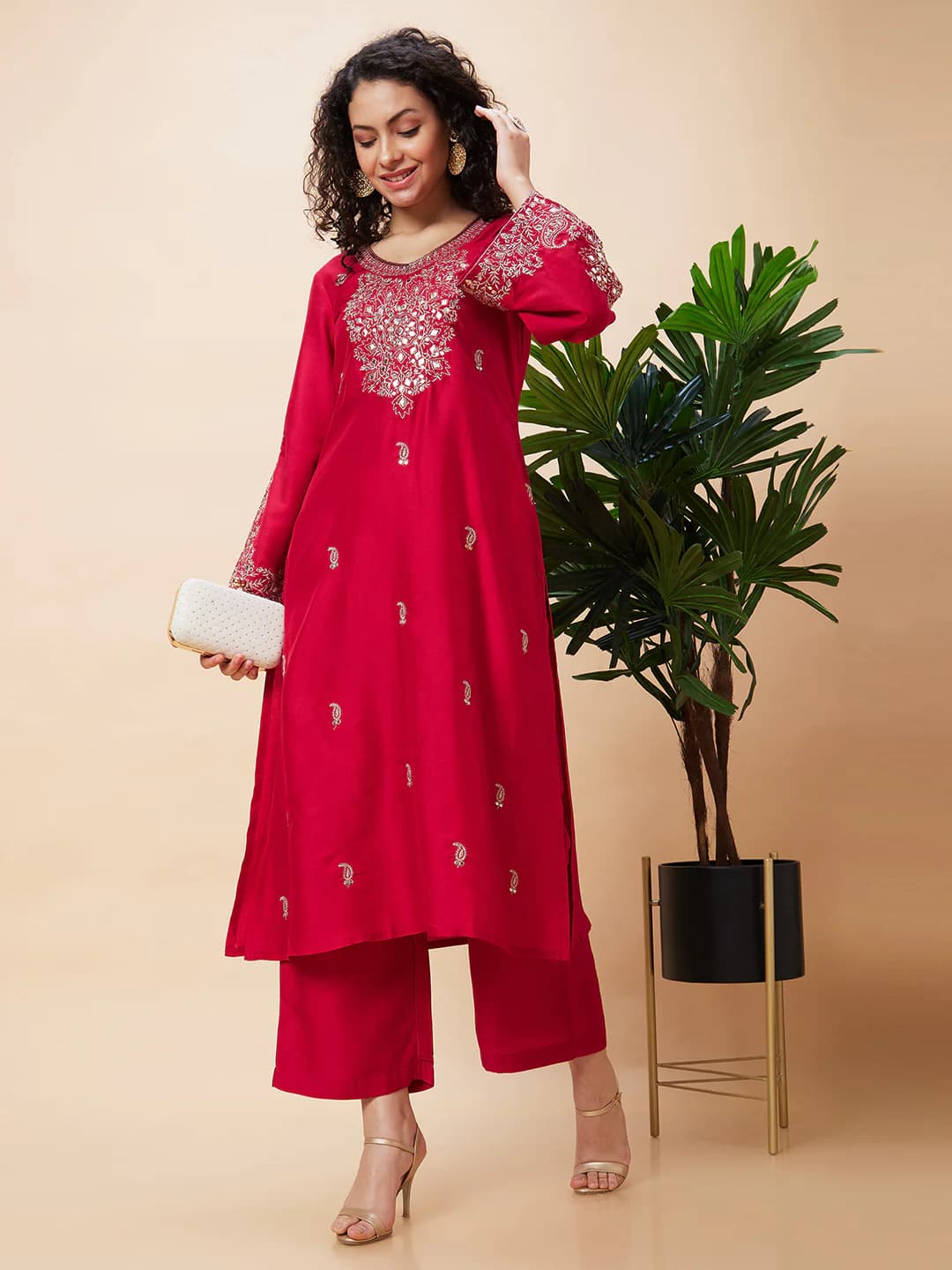 Women's Red Party Embroidered Regular Fit V-Neck A-Line Kurta and Solid Trouser