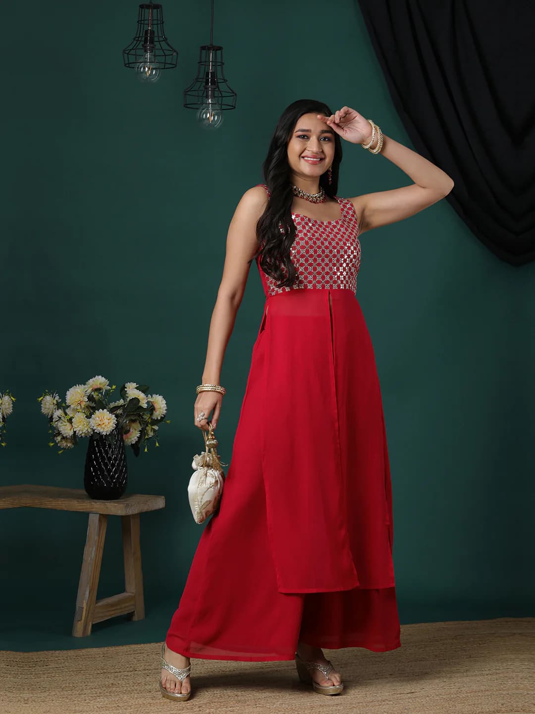 Women's Red Party Sequins Regular Fit Shift Kurta and Solid Palazzo