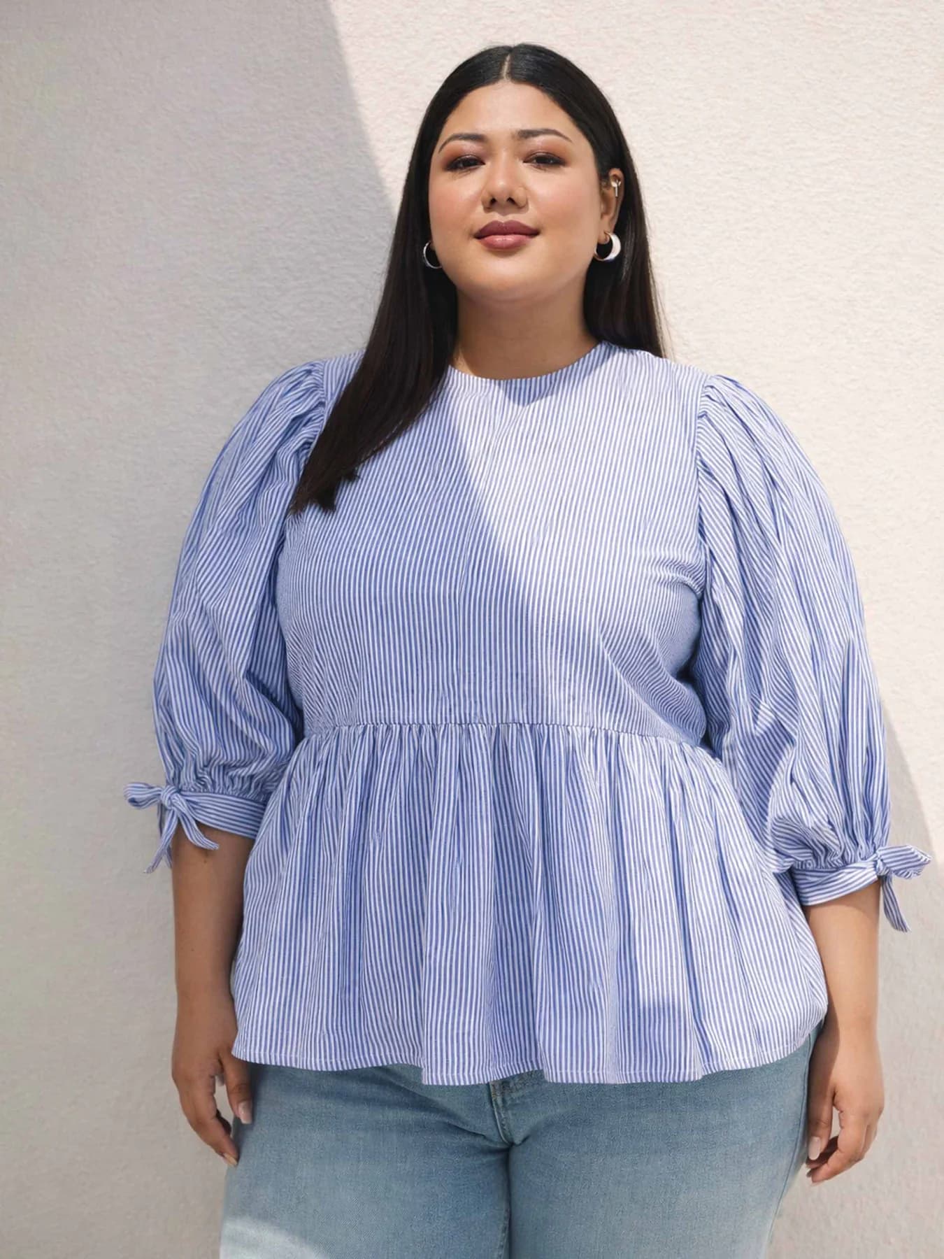 Women's Blue Stripes Sleeves Tie-Knot Peplum Top