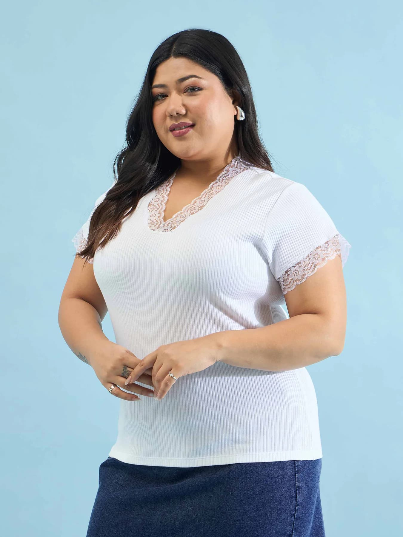 Women's White Rib V-Neck Lace Top