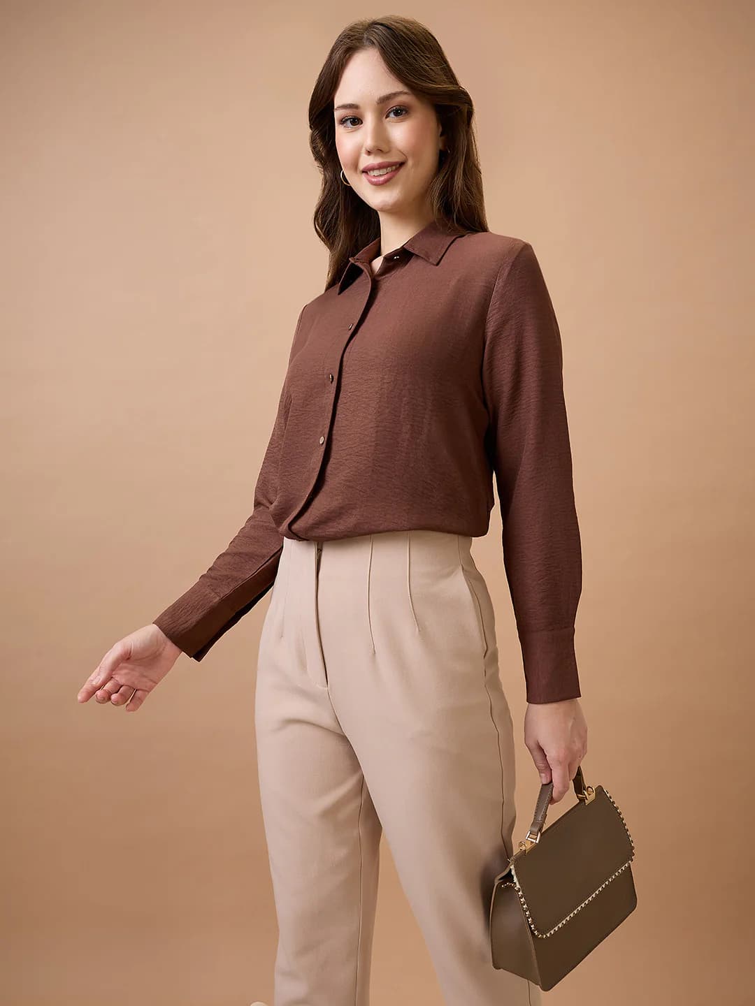 Women's Brown Formal Regular Fit Solid Full Sleeves Shirt