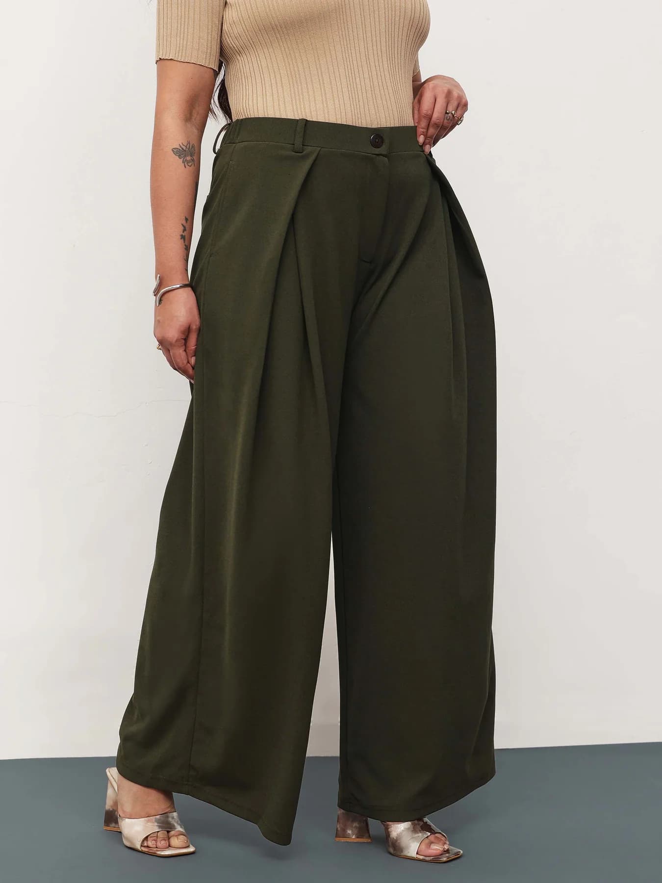 Women's Green Front Wrap Detail Straight Flared Trouser