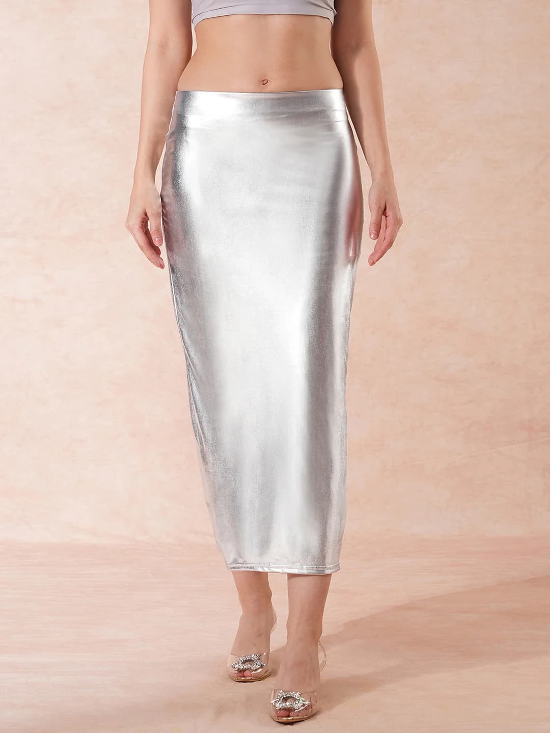 Women's Silver Party Slim Fit Solid Skirts