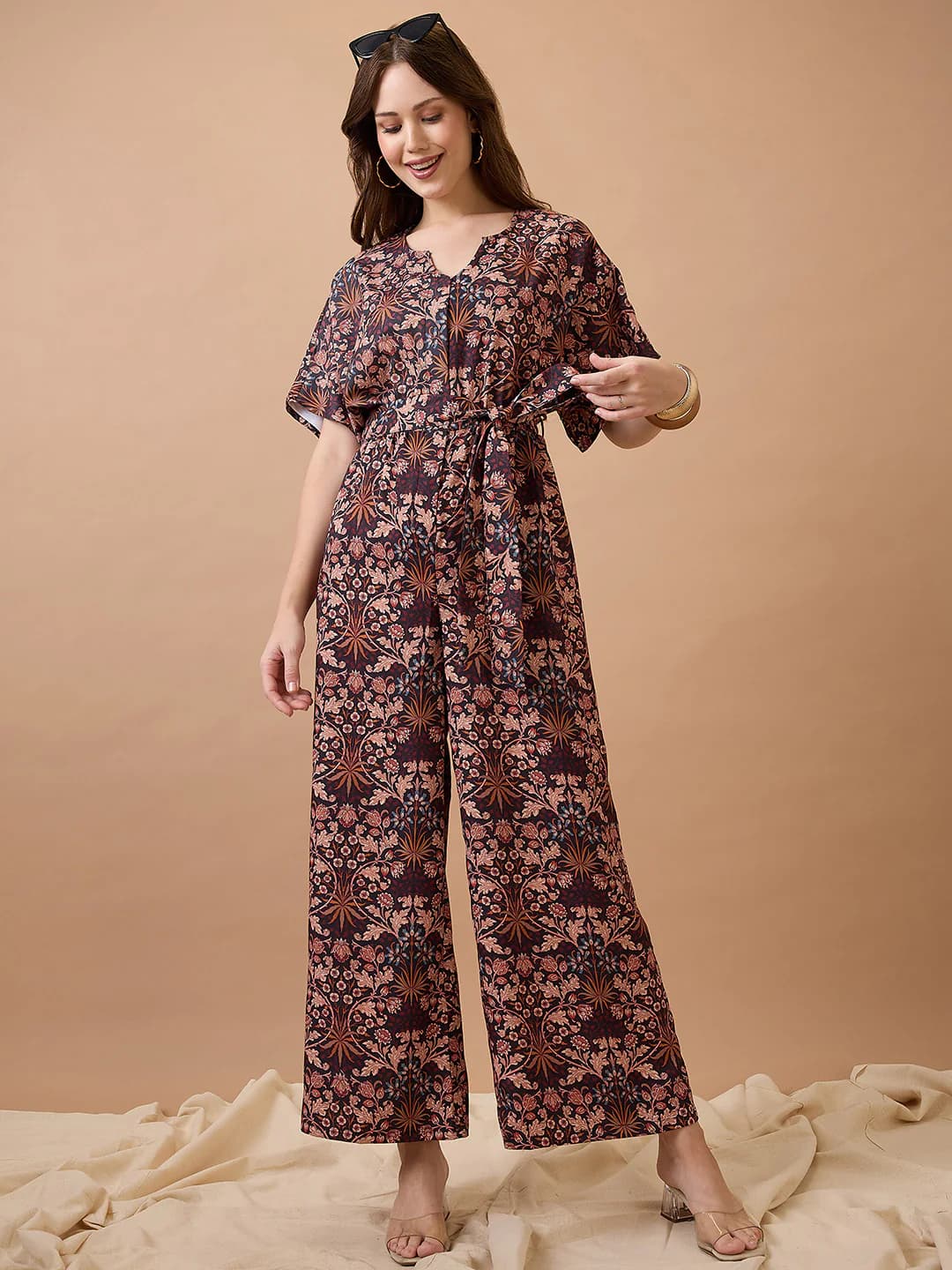 Women's Multicolor Casual Regular Fit Floral Half Sleeves Jumpsuit