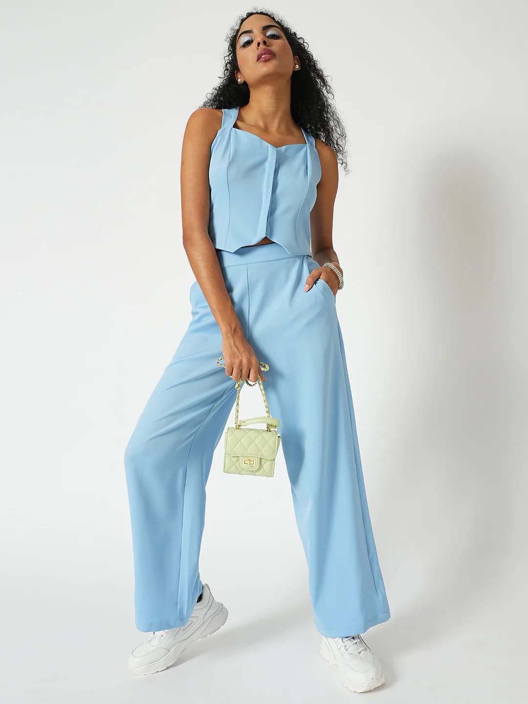 Women's Blue Party Regular Fit Solid Sleeveless Co-ords Set