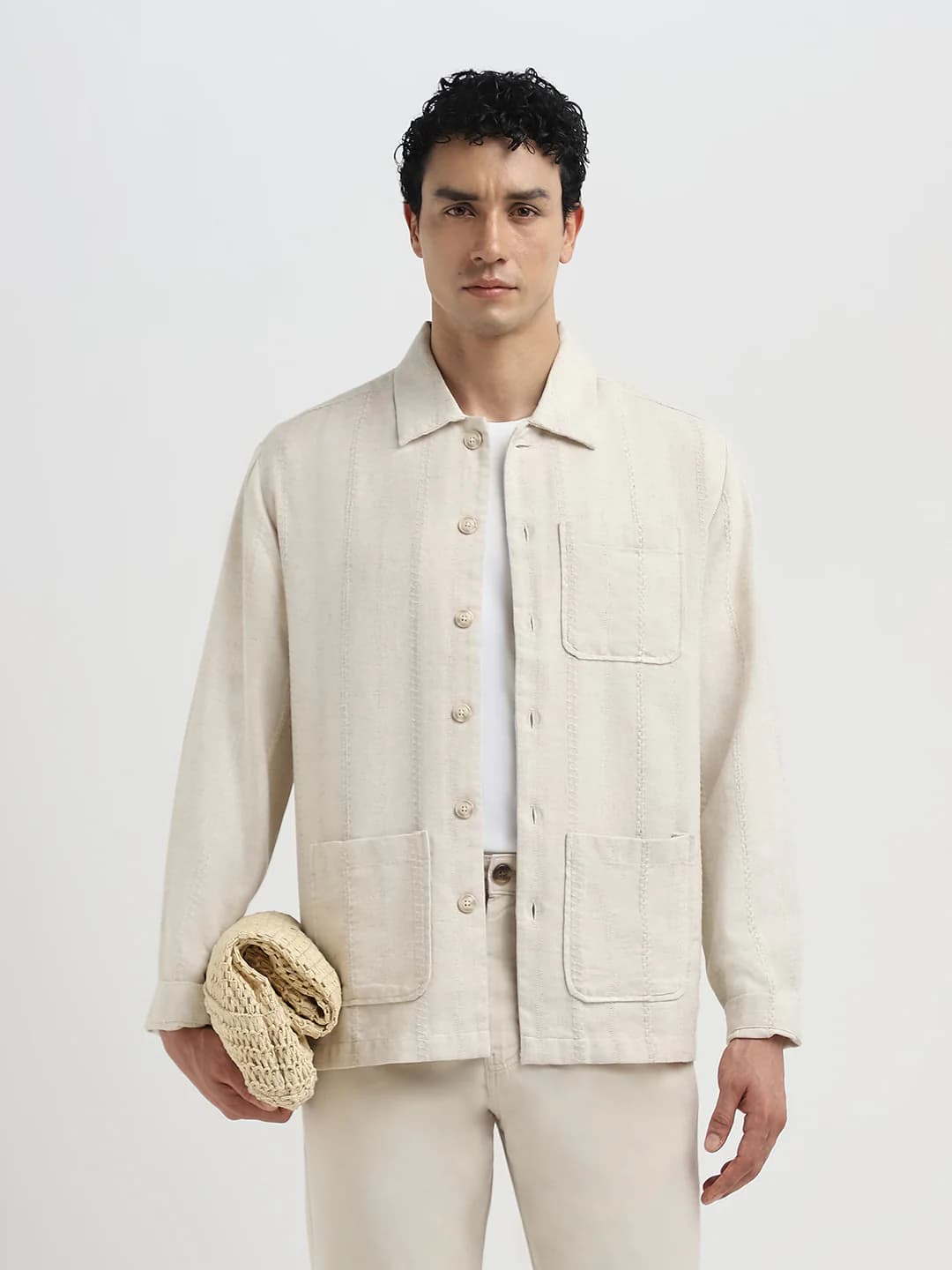 Men's Off White Casual Regular Fit Cotton Full Sleeves Jacket