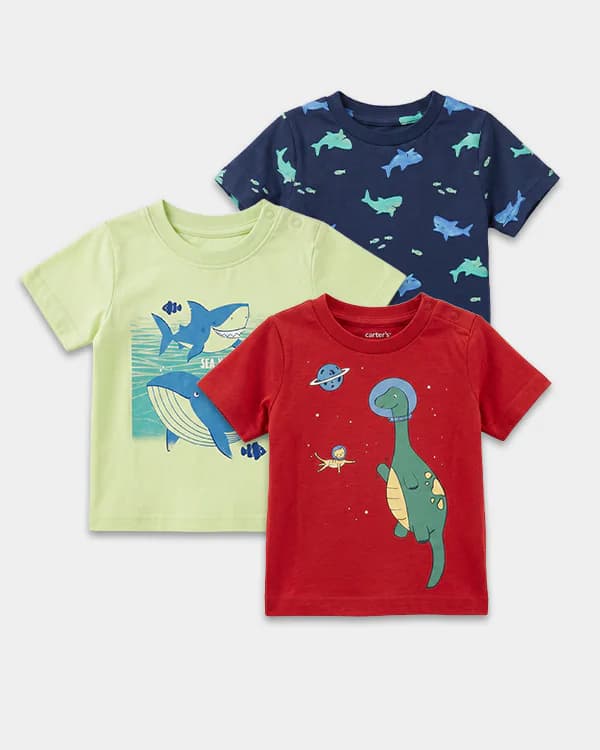 Baby Boy Multicolor Organic Cotton Round Neck Tshirt with Assorted Prints - Pack of 3