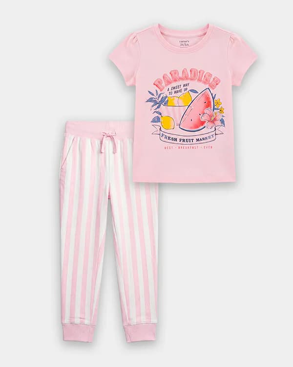Toddler Girl Pink Organic Cotton Fruit Print Tshirt and Pant Set