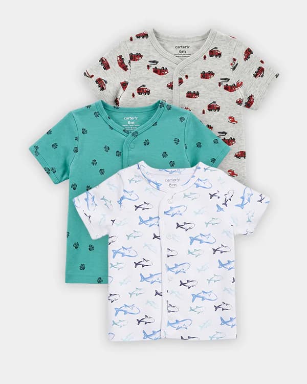 Baby Boy Multicolor Organic Cotton Front Open Tshirt in Assorted Prints - Pack of 3