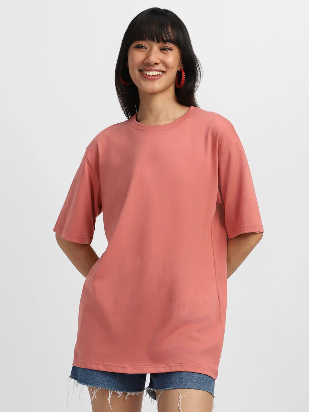 Women's Pink Casual Solid Oversized Fit Tshirt