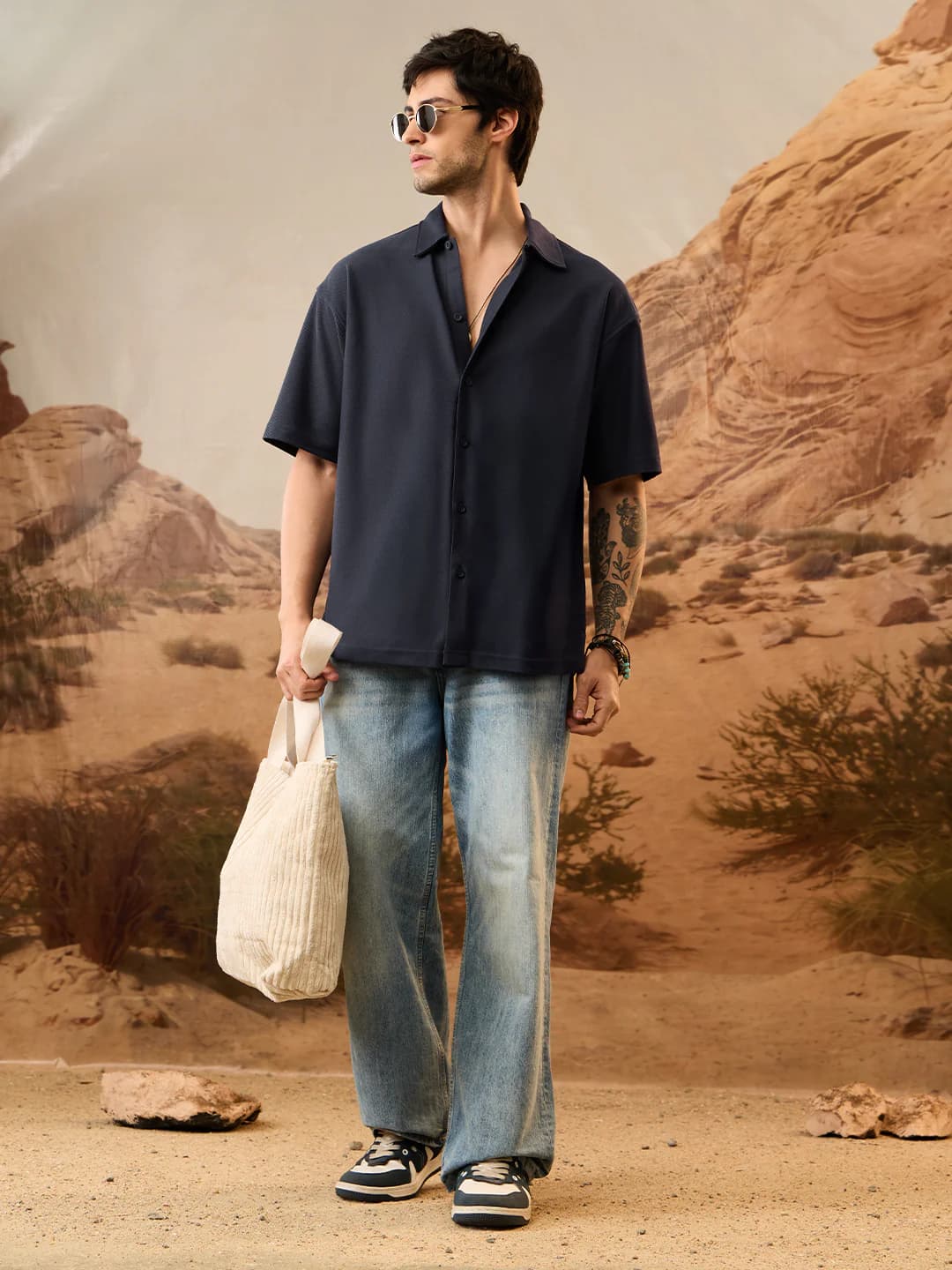 Men's Navy Casual Oversized Fit Half Sleeves Shirt