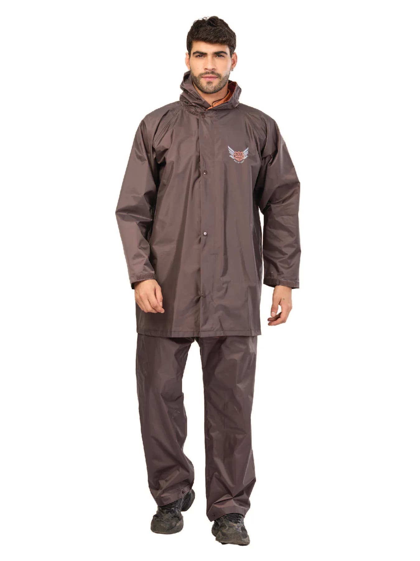 Men's Brown Non Reversible and Non Transparent Full Sleeves Hooded Neck Rainsuit