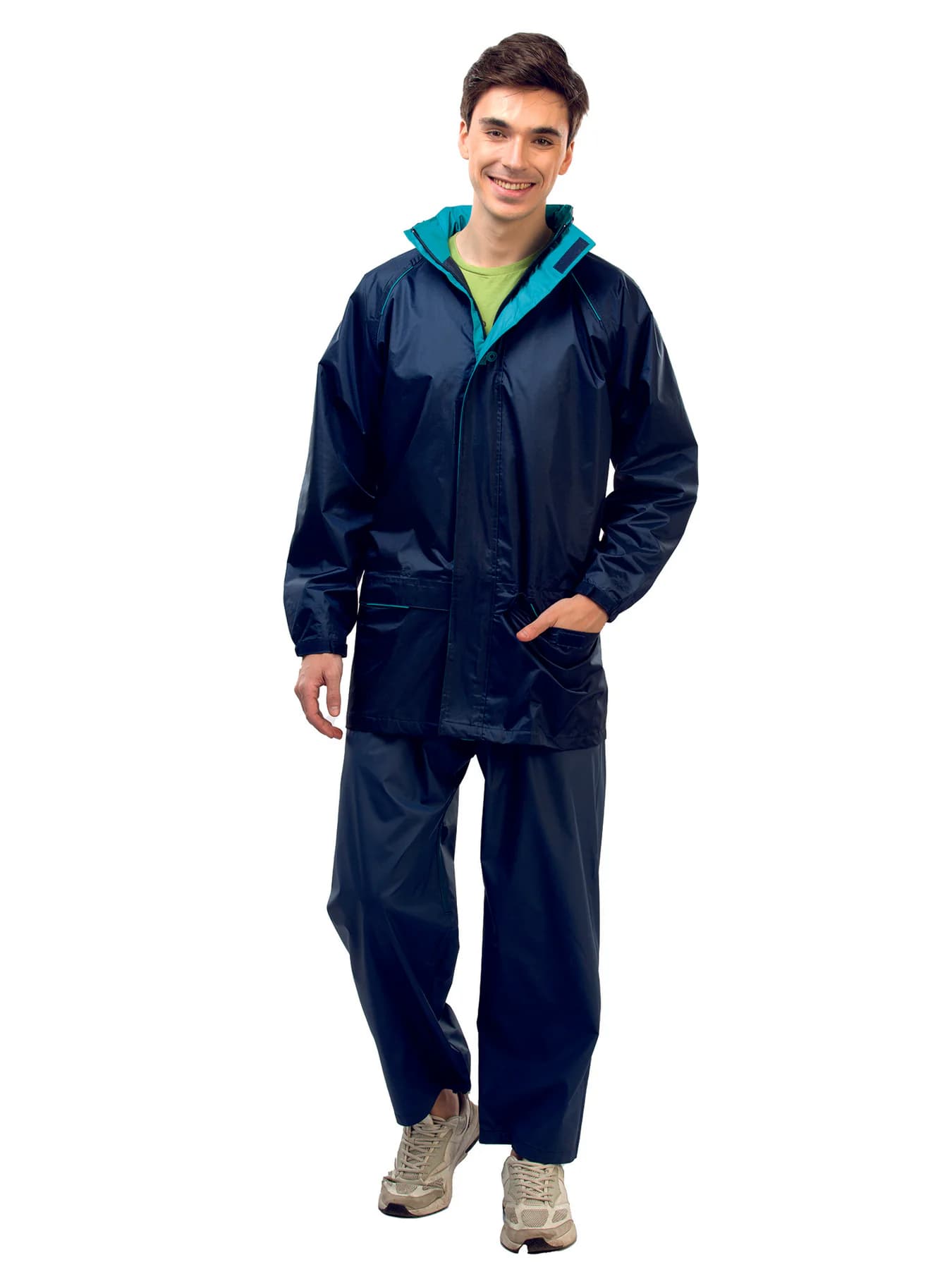 Men's Navy Non Reversible and Non Transparent Full Sleeves Hooded Neck Rainsuit