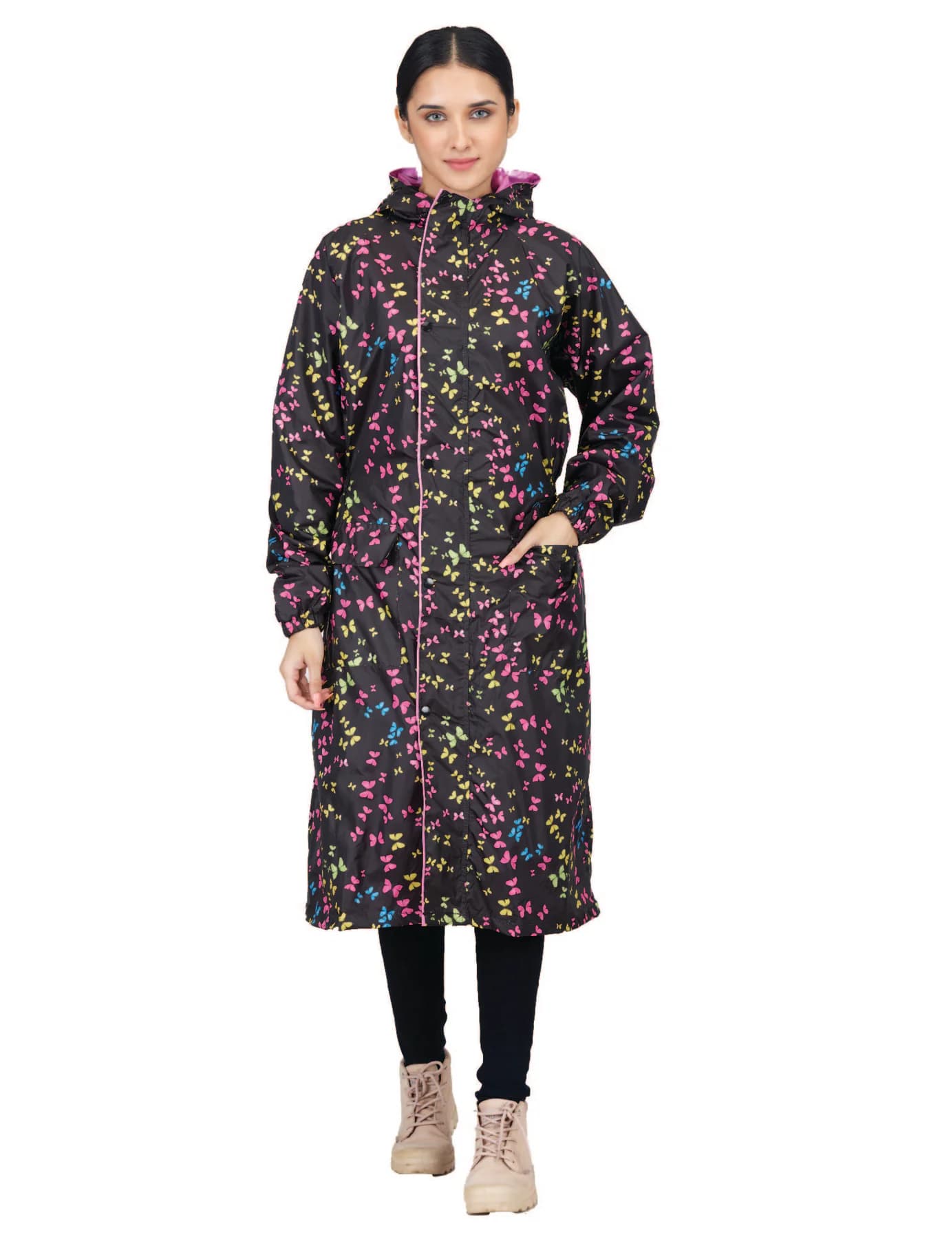Women's Black Non Reversible and Non Transparent Above Knee Full Sleeves Hooded Neck Printed Rain Jacket