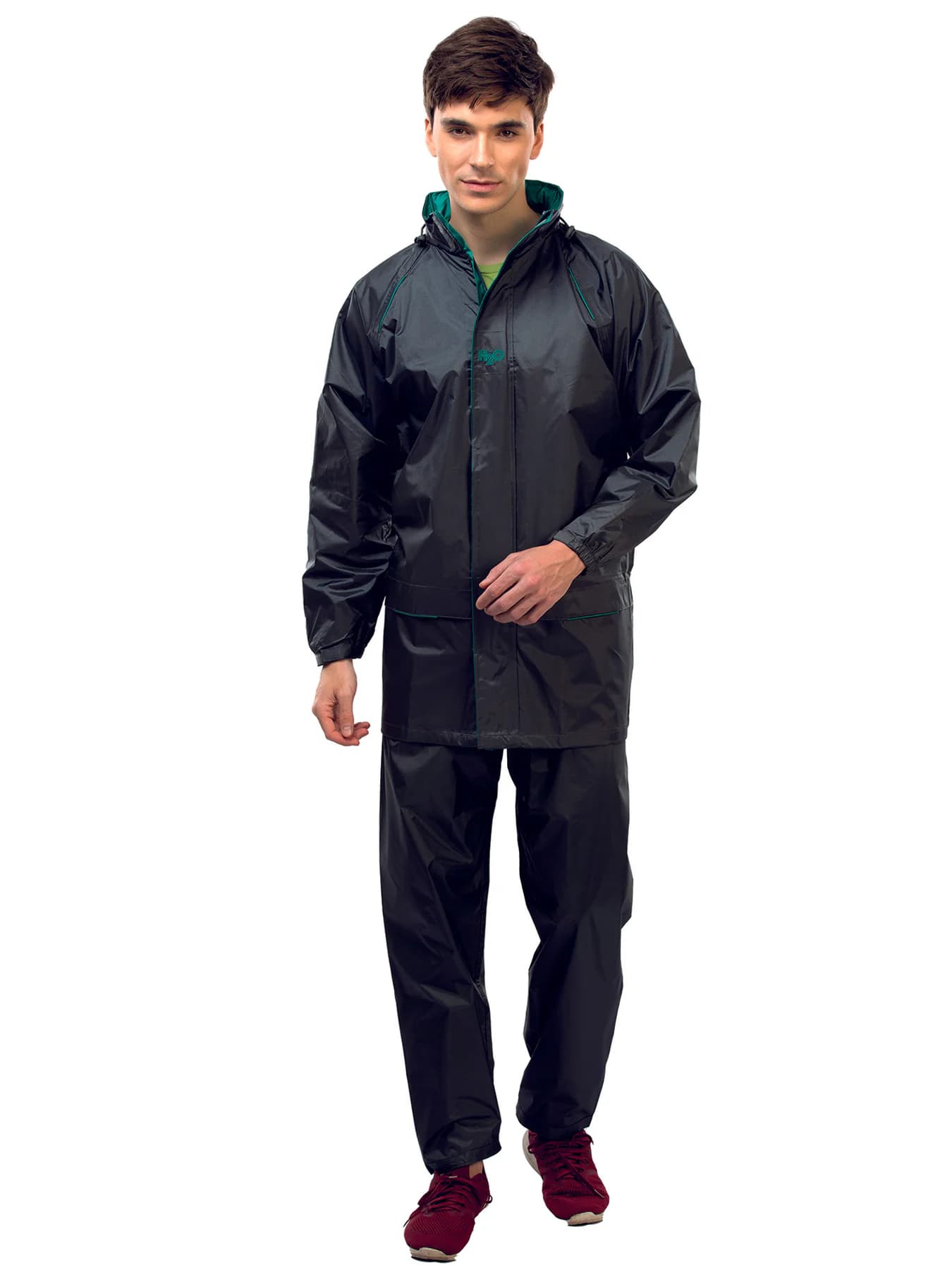 Men's Grey Non Reversible and Non Transparent Full Sleeves Hooded Neck Rainsuit