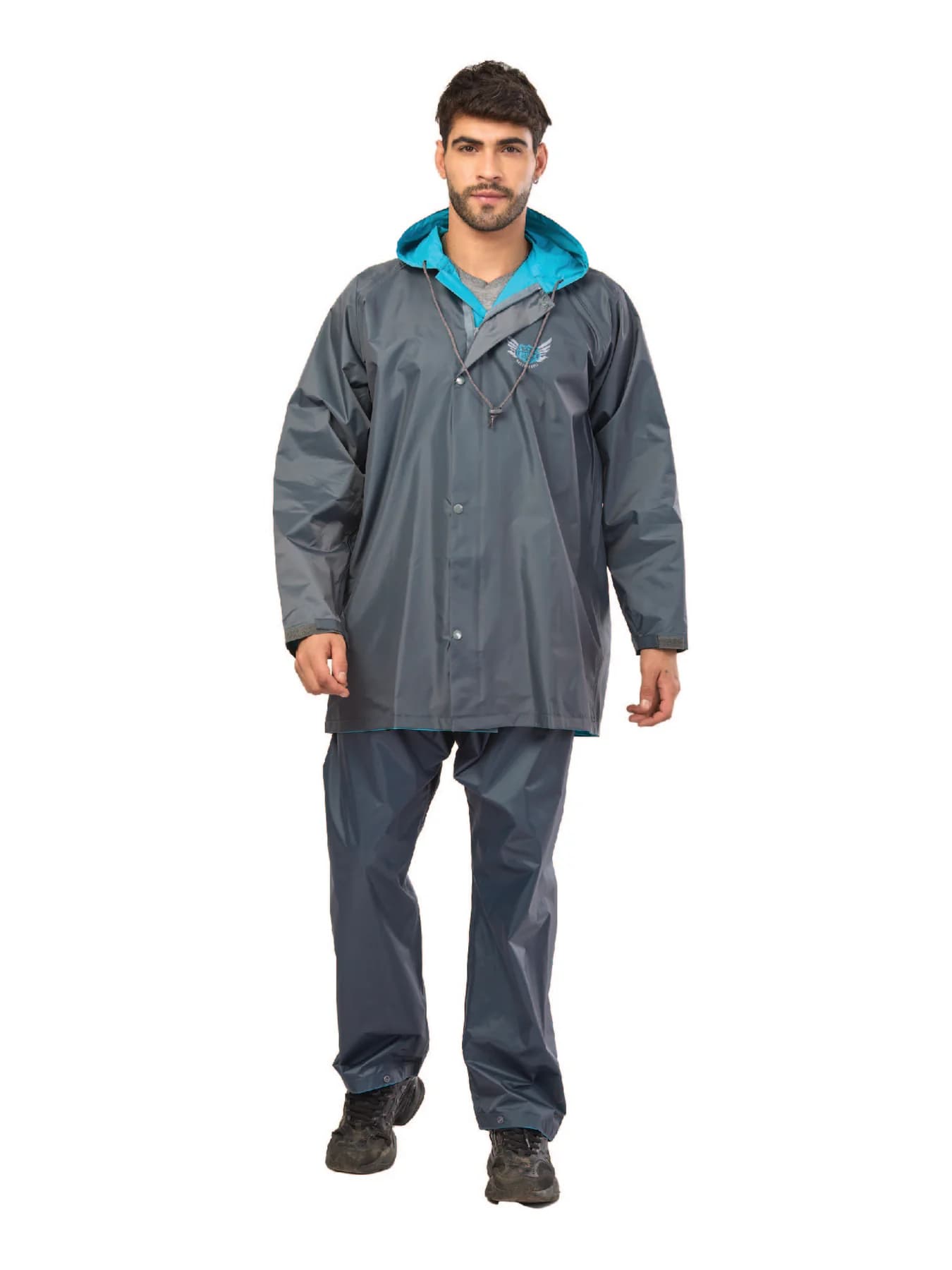 Men's Grey Non Reversible and Non Transparent Full Sleeves Hooded Neck Rainsuit
