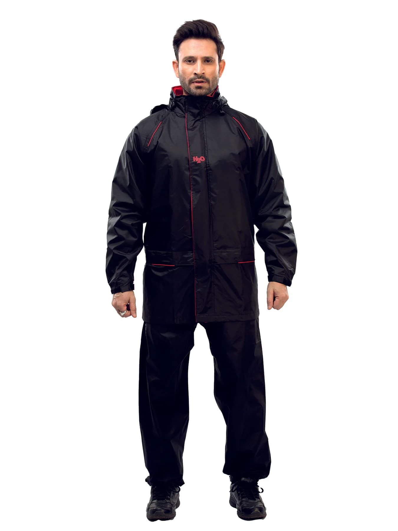 Men's Black Non Reversible and Non Transparent Full Sleeves Hooded Neck Rainsuit