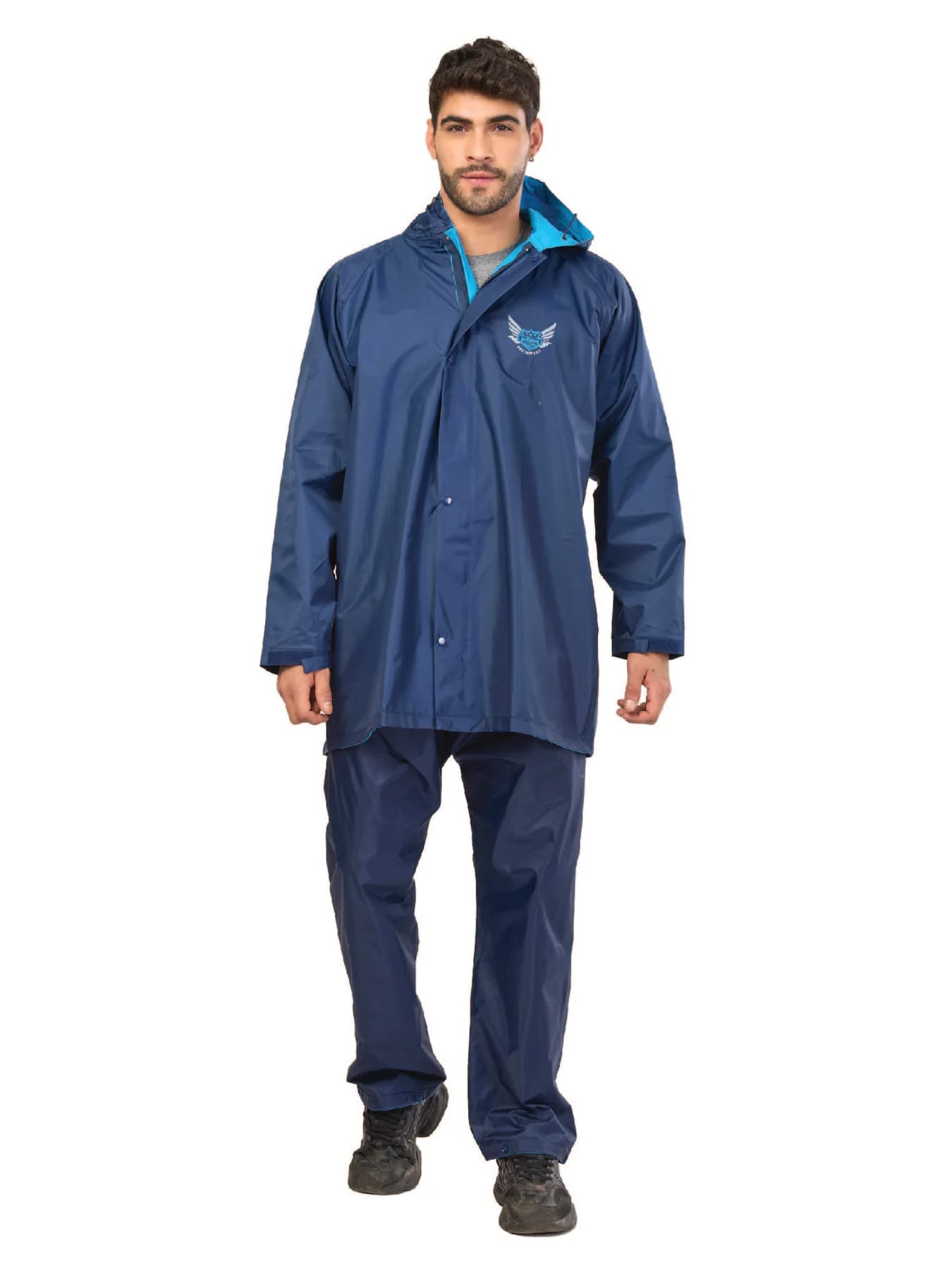 Men's Navy Non Reversible and Non Transparent Full Sleeves Hooded Neck Rainsuit