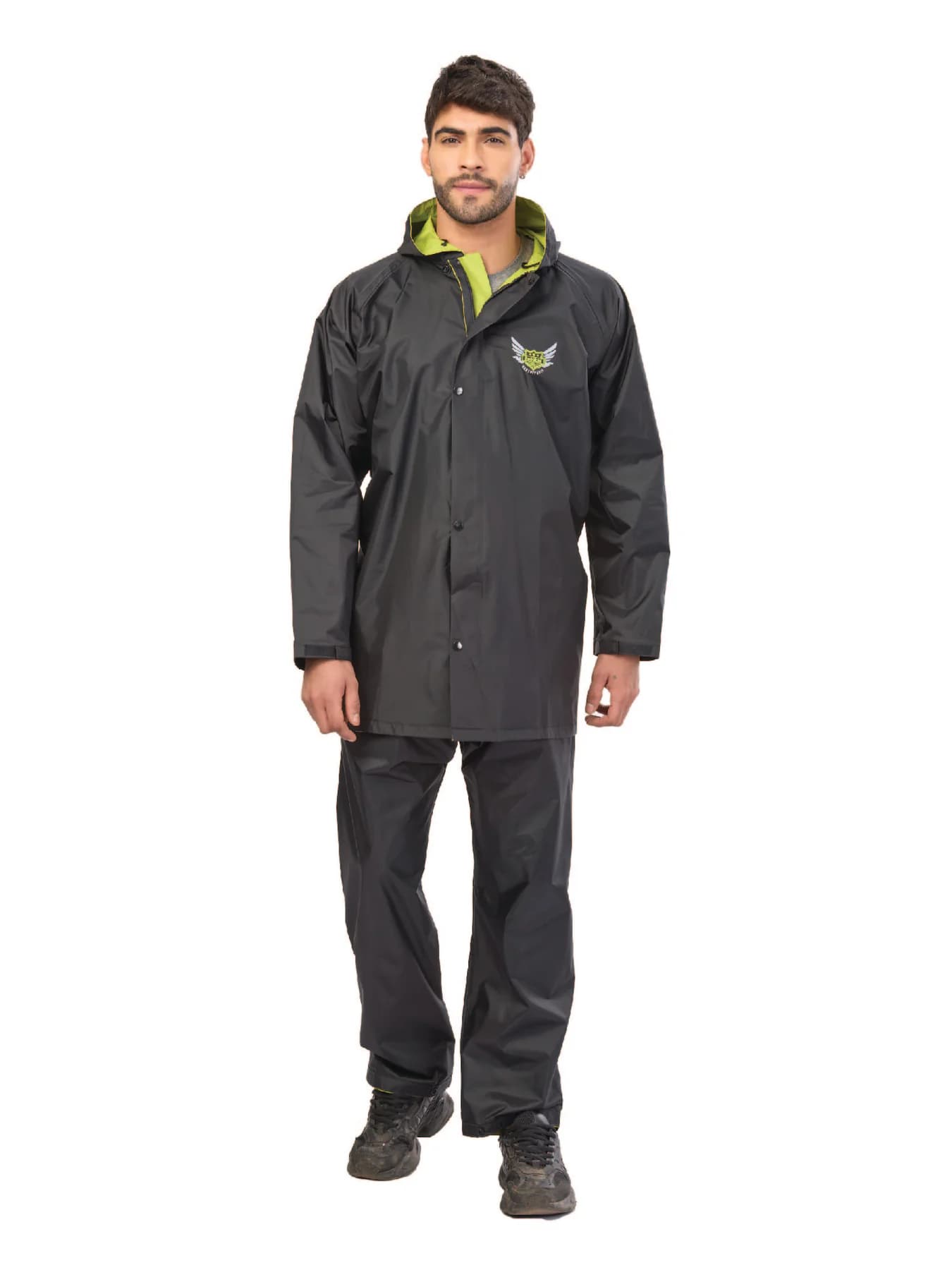 Men's Black Non Reversible and Non Transparent Full Sleeves Hooded Neck Rainsuit